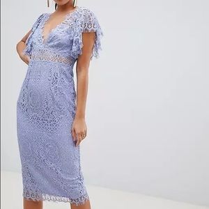 ASOS Design Blue Flutter Sleeve Lace Pencil Midi Dress 10